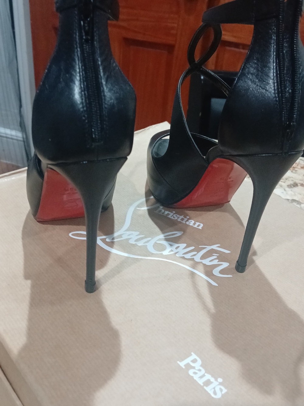 Christian Louboutin Black Leather Strappy Stiletto Heels with Red Soles
